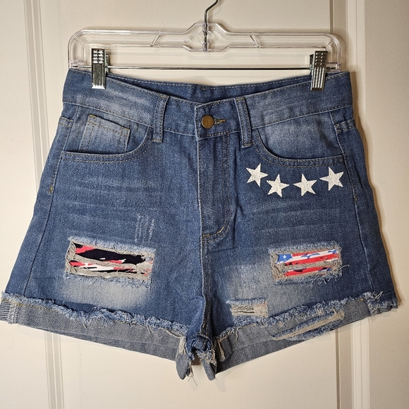 No Name Pants - Women's Denim Star-Embellished Blue Distressed Women's High Rise Shorts Size S